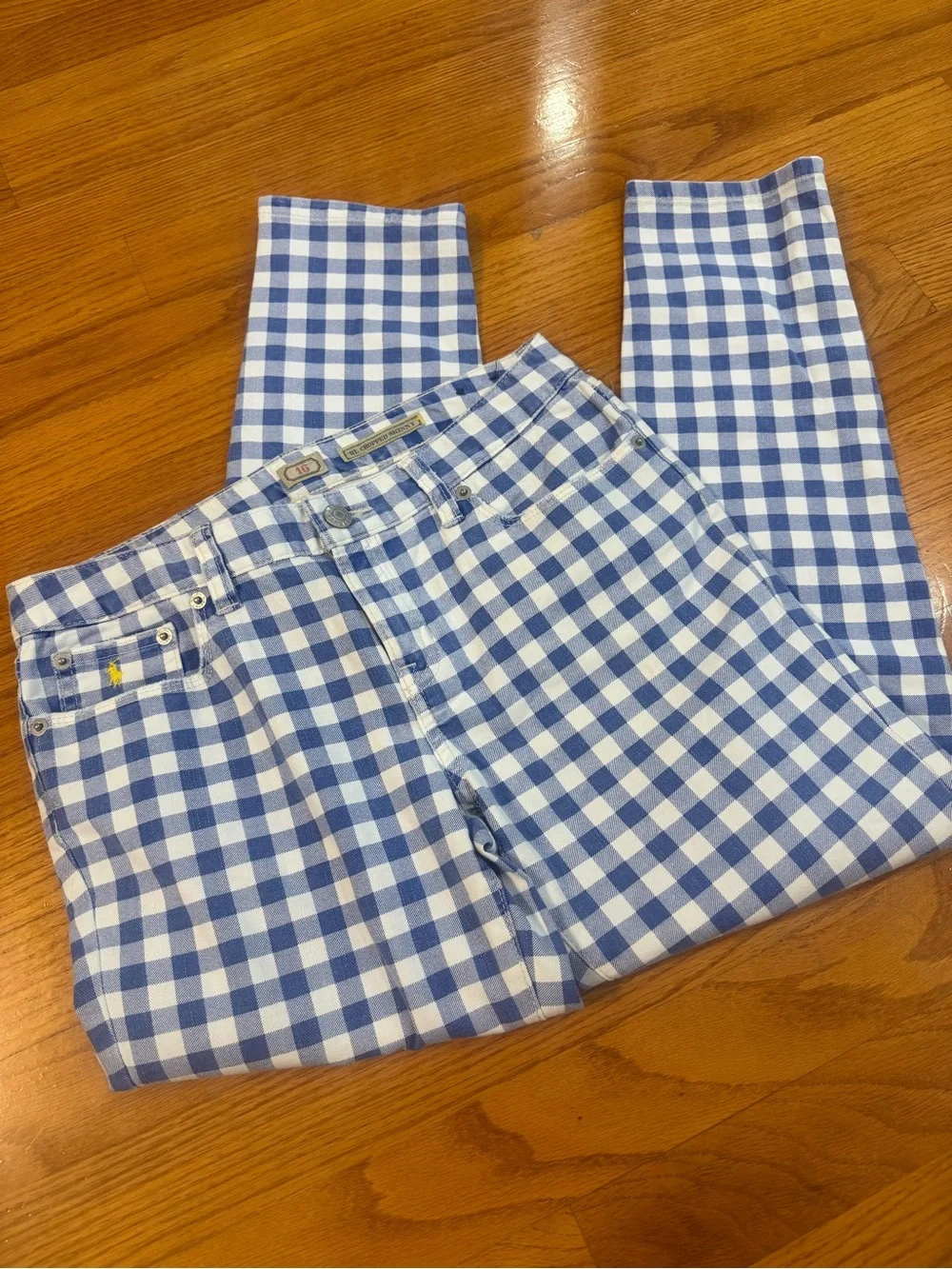 Y2K Ralph Lauren Girls Gingham Check High-Rise Jeans in Blue and White 16